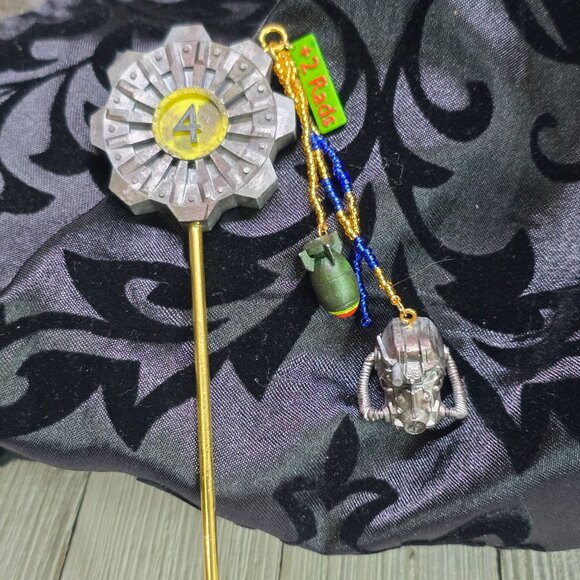 Handmade Fallout Vault Inspired Hair Stick Helmet, Mini Nuke, and +2 Rad Charms - Picture 4 of 14